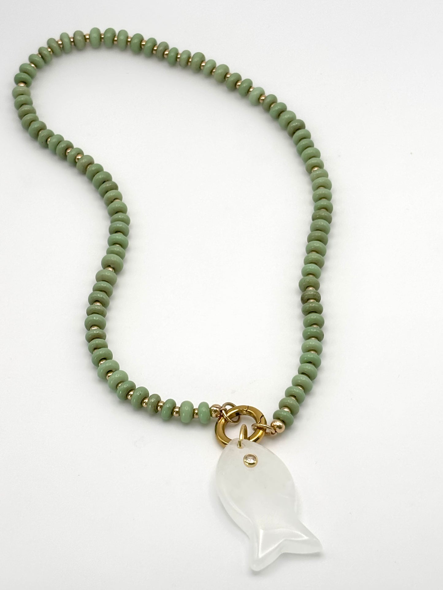 Turquoise Green Glass and Gold Bead Carabiner Necklace (Charm not included)