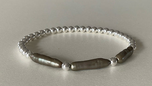 Sterling Silver Beaded Bracelet w/ Grey FW Pearls