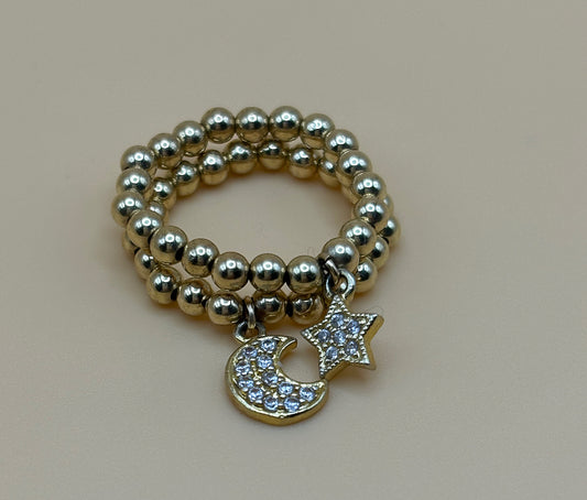 Moon and Star Gold Beaded Ring Set