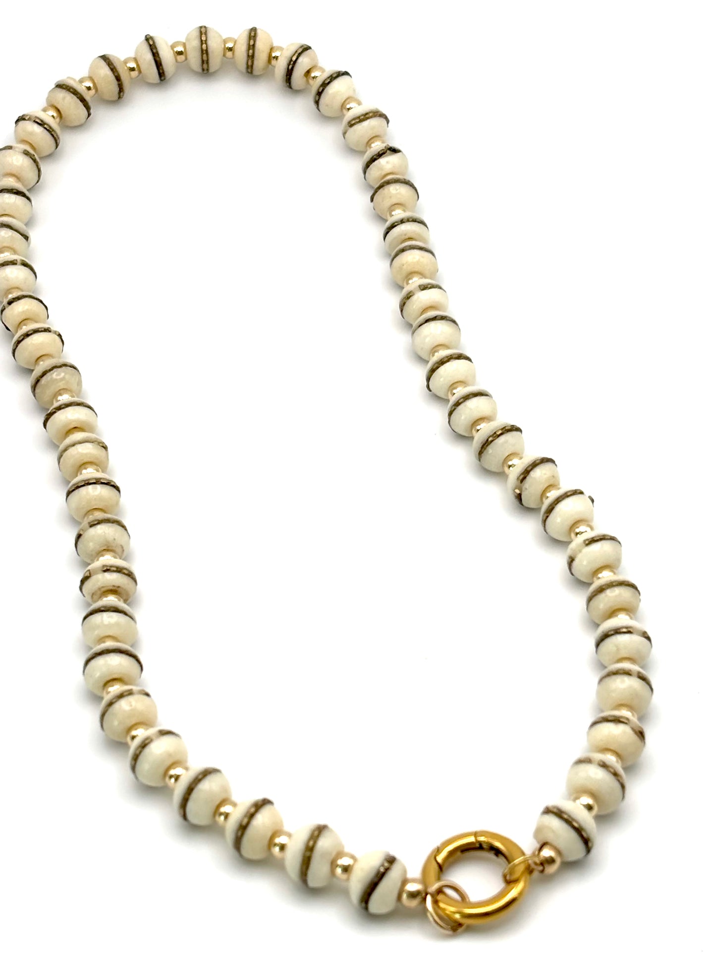 White Bone Bead w/ Gold Bead Carabiner Necklace (Heart not included)