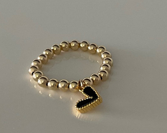 Gold Beaded Ring w/ Black Heart Charm