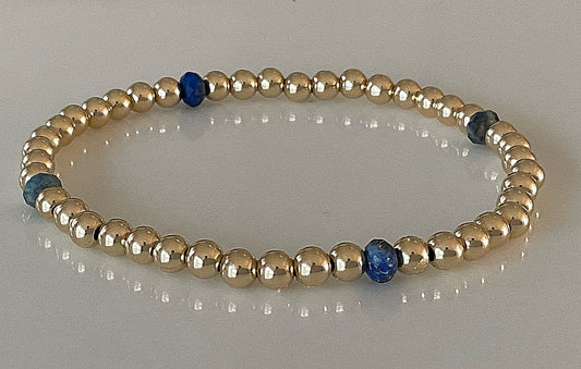 Gold Beaded Bracelet w/ Lapis Stone