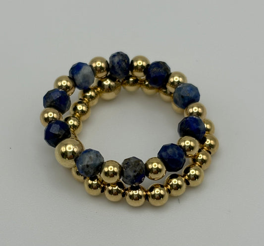 Lapis / Gold Beaded Ring Stack