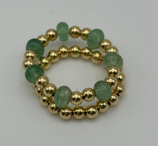 Green Aventurine / Gold Beaded Ring Stack