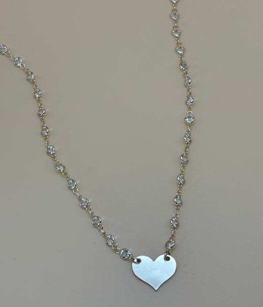 14K Gold White Topaz Necklace w/ 14K Solid Gold Heart Connector