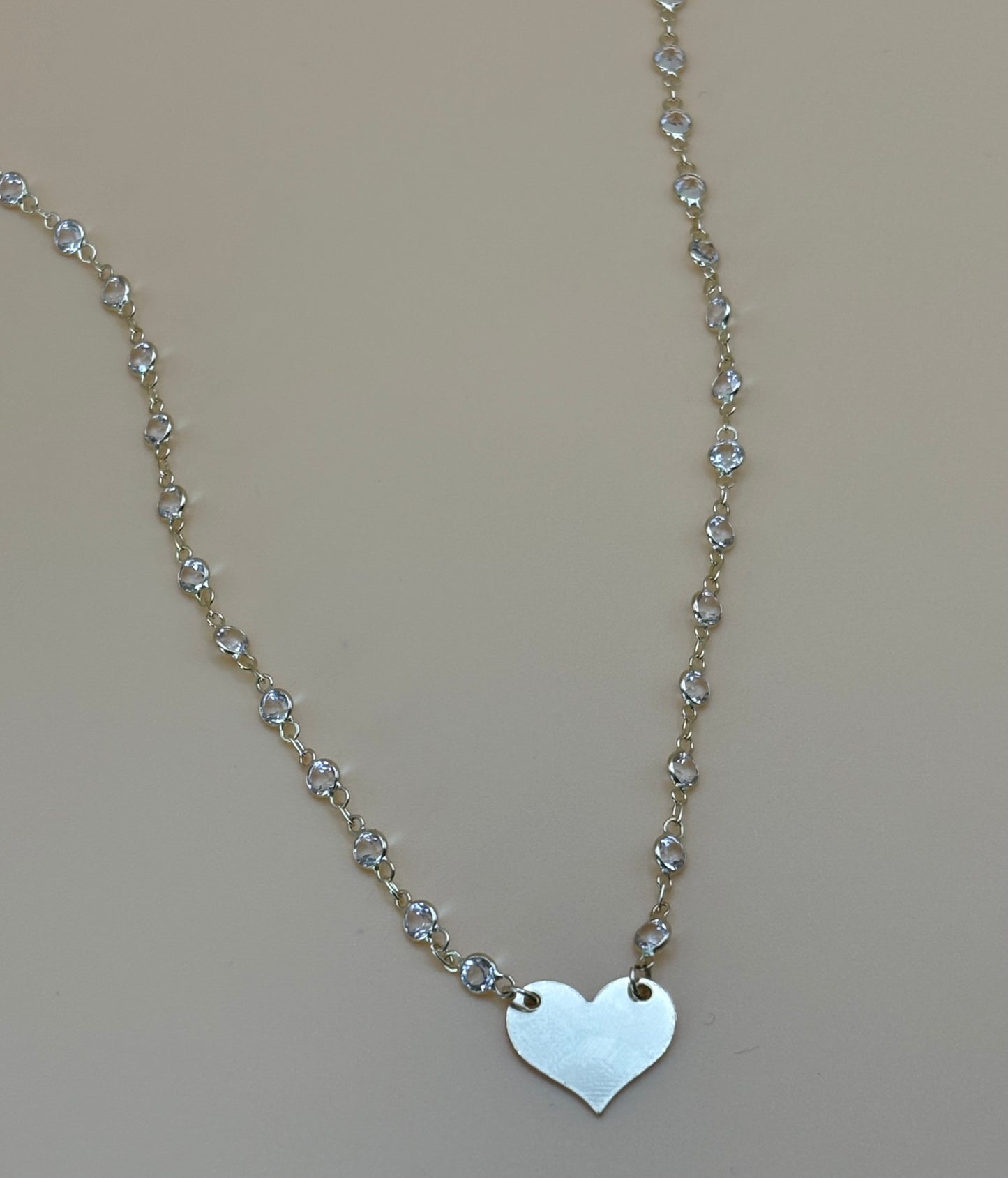 14K Gold White Topaz Necklace w/ 14K Solid Gold Heart Connector