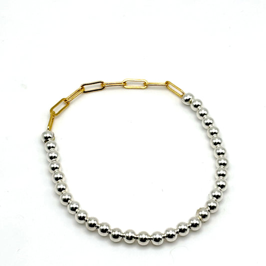 4mm Sterling Silver Bead/ Gold Paperclip Bracelet