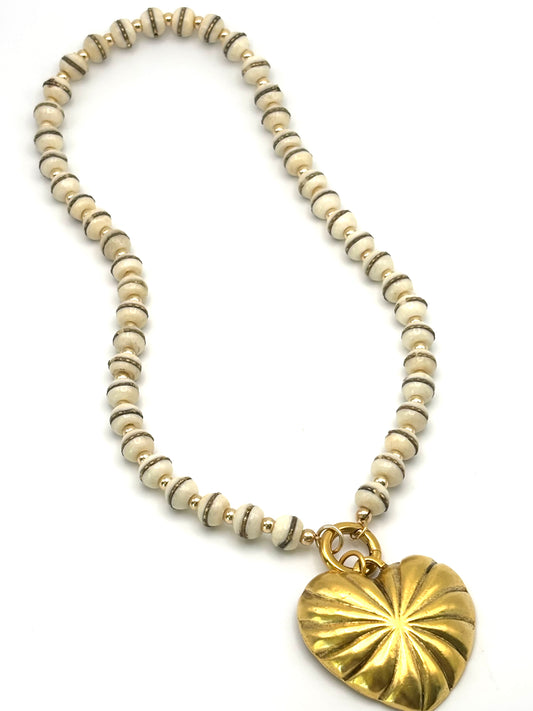 White Bone Bead w/ Gold Bead Carabiner Necklace (Heart not included)