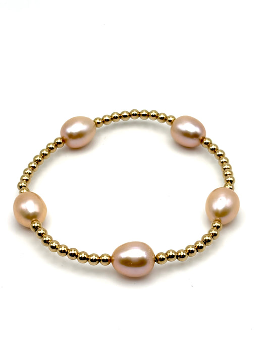 3mm Gold Bead / Large Pink Pearl Bracelet