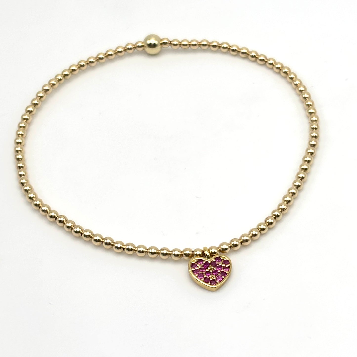 2mm Gold Beaded w/ Pink CZ Heart Charm