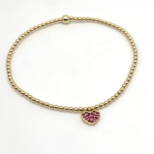 2mm Gold Beaded w/ Pink CZ Heart Charm