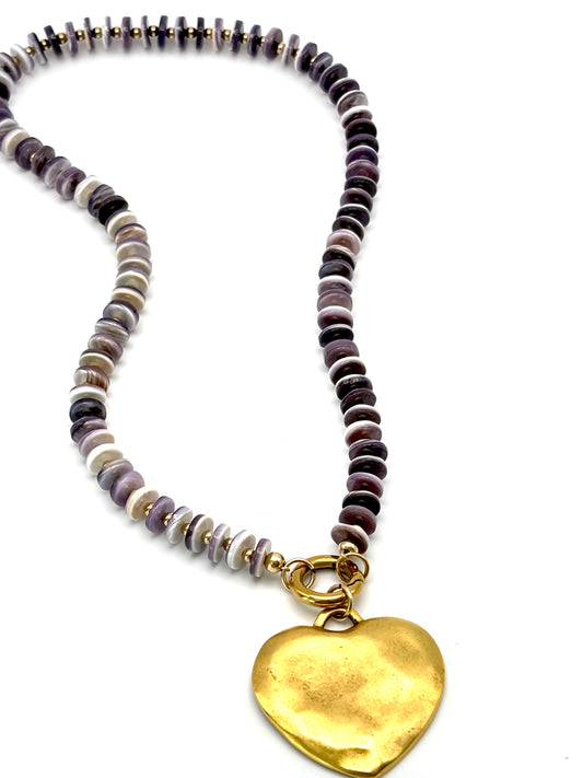 Wampum Shell w/ Gold Bead Carabiner Necklace (Heart not included)