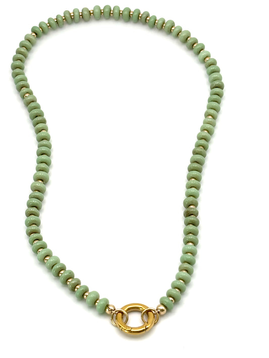 Turquoise Green Glass and Gold Bead Carabiner Necklace (Charm not included)