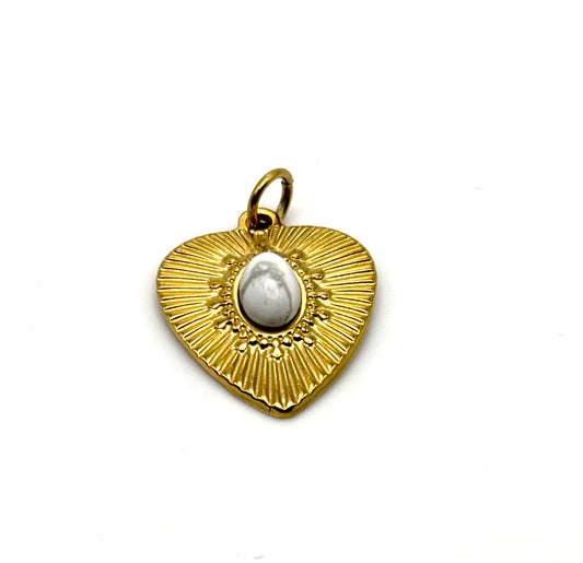 Gold Sunburst Heart Semi Precious Stone Charm