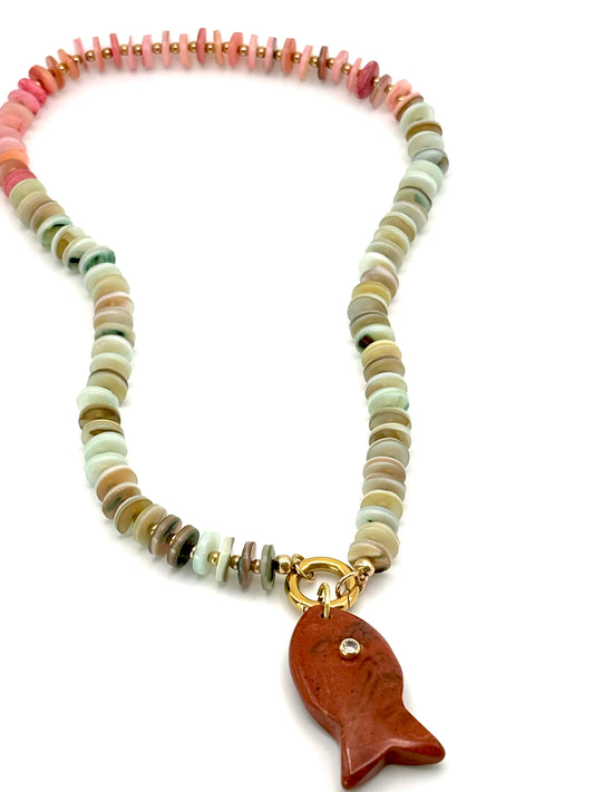 Shell w/ Gold Bead Carabiner Necklace (Fish not included)