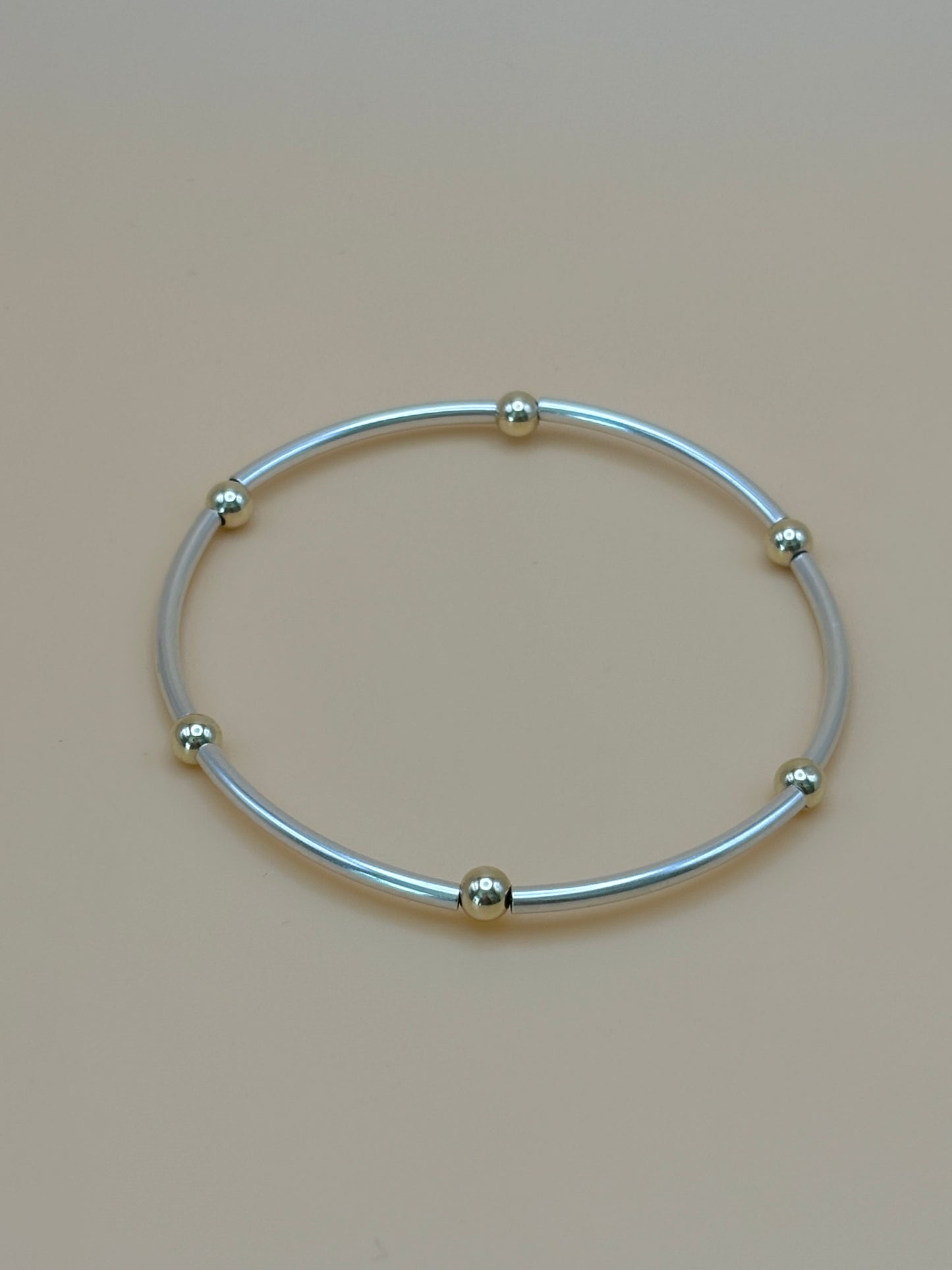 Dainty Sterling Silver Bangle w/ 4mm Gold Beads