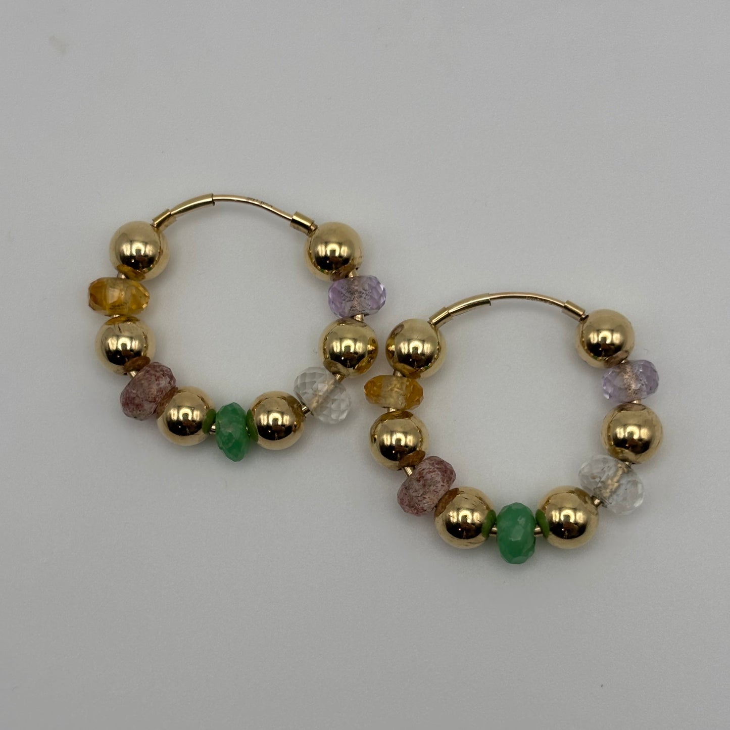 Gold Beaded / Multi-Gemstone Hoop Earrings