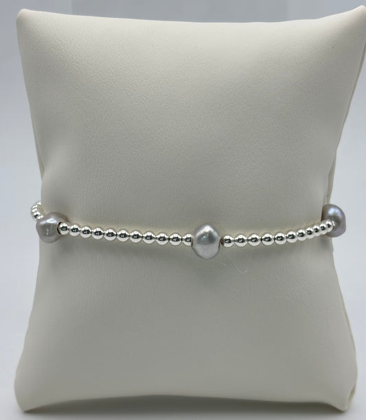 3mm Sterling Silver Beaded Bracelet w/ Silver FW Pearl